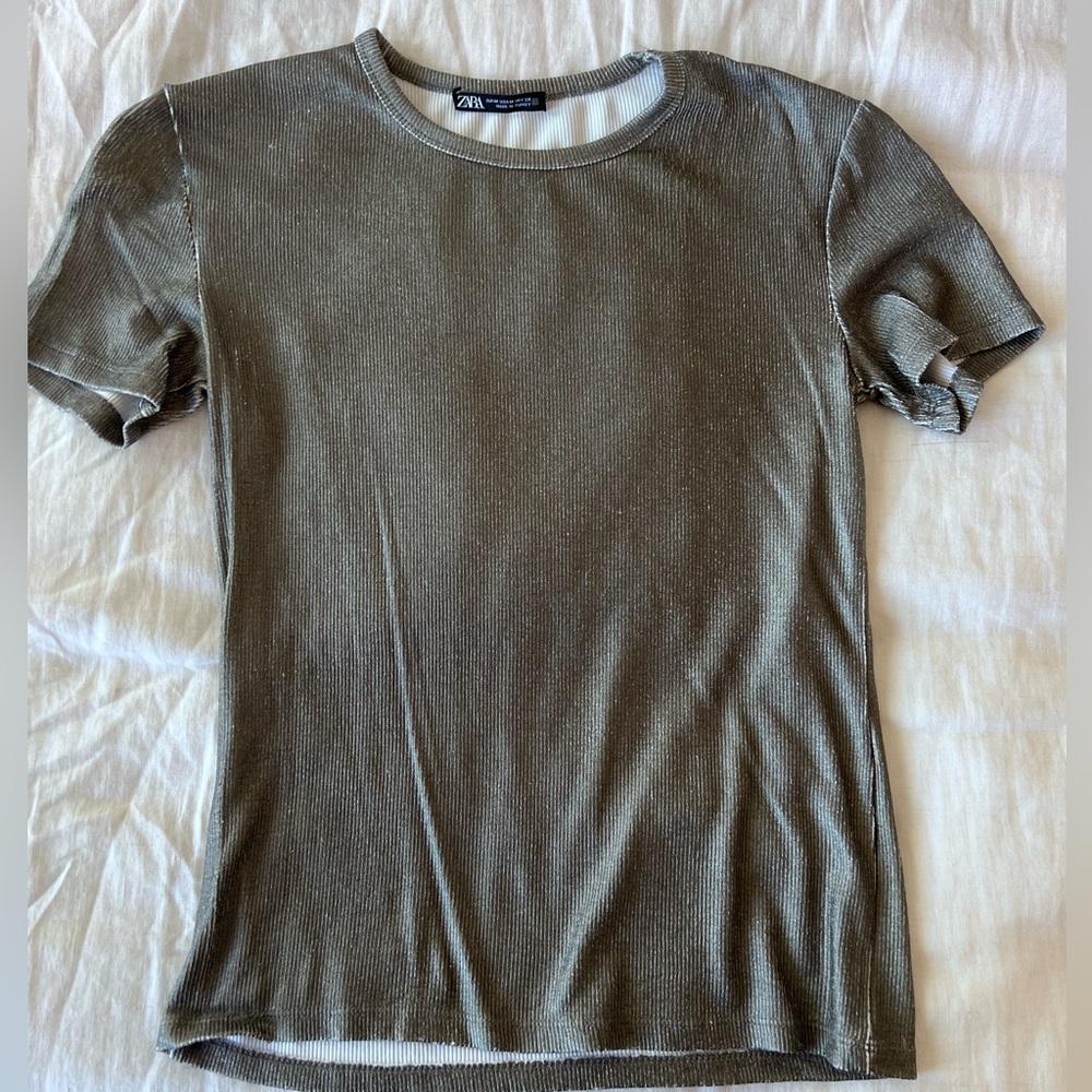 Zara Metallic Ribbed Short Sleeve Top